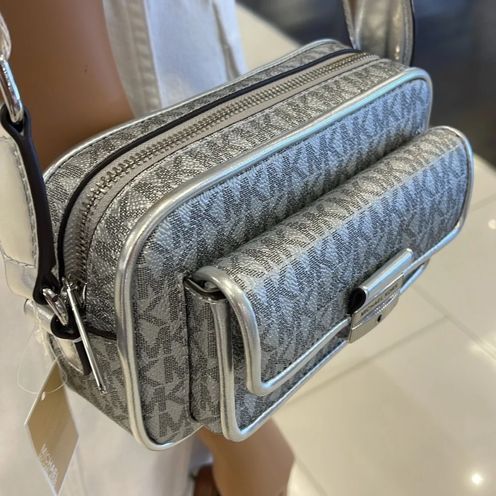 Michael Kors Bradshaw Extra-Small Metallic Signature Logo Camera Crossbody Silv